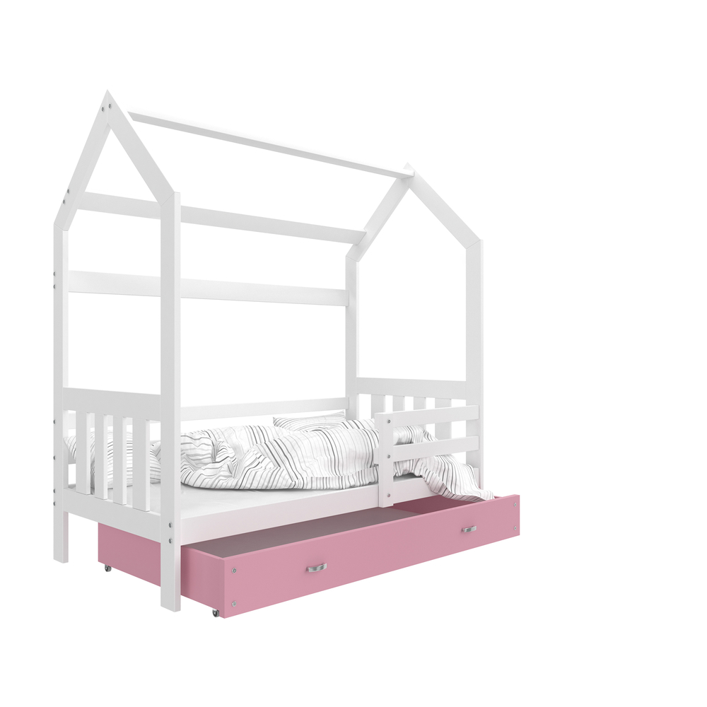 Házikó formájú ágyneműtartós gyerekágy ágráccsal - fehér-pink