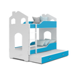 Kép 1/2 - Házikó formájú emeletes gyerekágy pótággyal és ágyrácsokkal - fehér kék