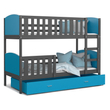 Kép 2/3 - TAMI emeletes gyerekágy ágyneműtartóval: Szürke keret - kék támlákkal 2