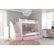 Kép 1/3 - Zuzia emeletes gyerekágy praktikus tárolókkal és ágyneműtartóval - fehér rózsaszín