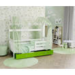 Kép 1/5 - Házikó formájú ágyneműtartós gyerekágy ágráccsal - fehér-zöld