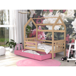 Kép 1/3 - Házikó formájú ágyneműtartós gyerekágy ágráccsal - fenyő-rózsaszín