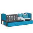 Kép 2/3 - TAMI leesésgátlós ágyneműtartós gyerekágy - 3 méretben: Szürke keret - kék támlákkal 2