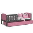 Kép 2/3 - TAMI leesésgátlós ágyneműtartós gyerekágy - 3 méretben: Szürke keret - rózsaszín támlákkal 2
