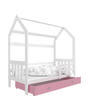 Kép 1/2 - Házikó formájú ágyneműtartós gyerekágy ágráccsal - fehér-rózsaszín