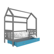 Kép 1/2 - Házikó formájú ágyneműtartós gyerekágy ágráccsal - szürke-kék