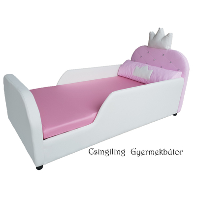 Crown prémium eco bőr keretes ágyneműtartós gyerekágy - fehér rózsaszín puncs