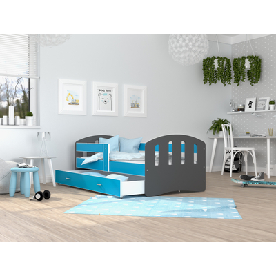 Leeésgátlós és ágyneműtartós gyerekágy - Happy - szürke kék