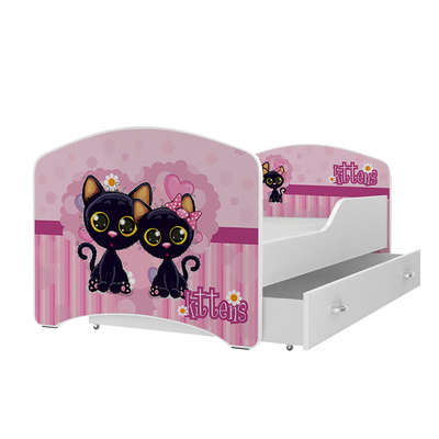 Leesésgátlós gyerekágy ágyneműtartóval és ágyráccsal - 80x160 cm - fekete cicás
