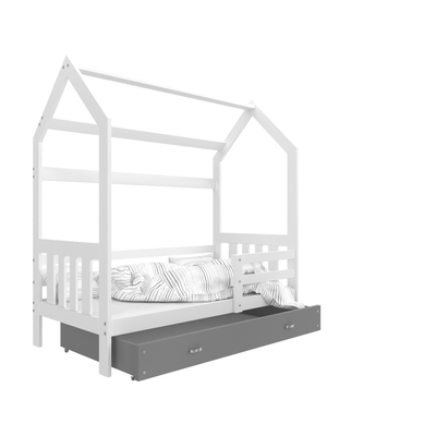 HOUSE DOMEK házikó gyerekágy ágyneműtartóval: fehér-szürke