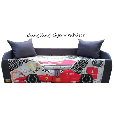 Leesésgátlós gyerekágy ágyneműtartóval - grafit Formula1 versenyautós