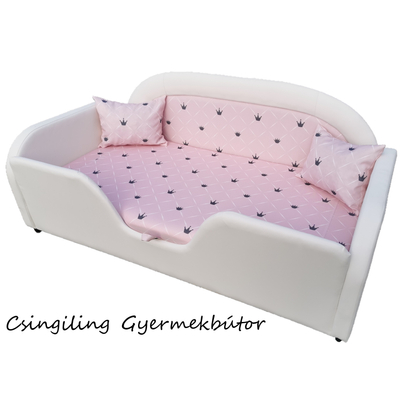 Sky Eco prémium eco bőr keretes ágyneműtartós gyerekágy - fehér rózsaszín koronás