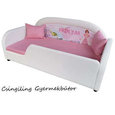 Sky Eco prémium eco bőr keretes ágyneműtartós gyerekágy: fehér eco bőr rózsaszín hercegnős puncs wextra 