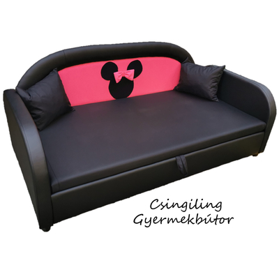 Sky Eco prémium eco bőr keretes ágyneműtartós gyerekágy - fekete pink Minnie