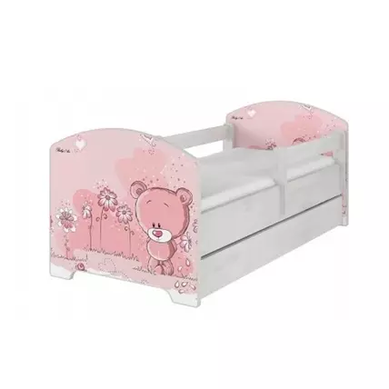 Ágyneműtartós gyerekágy ágyráccsal - Oskar - rózsaszín macis