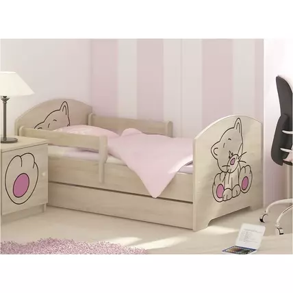 Ágyneműtartós gyerekágy ágyráccsal - Oskar - rózsaszín cicás