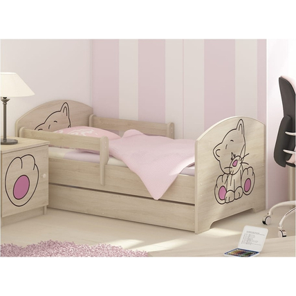 Ágyneműtartós gyerekágy ágyráccsal - Oskar - rózsaszín cicás