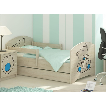 Ágyneműtartós gyerekágy ágyráccsal - Oskar - kék cicás
