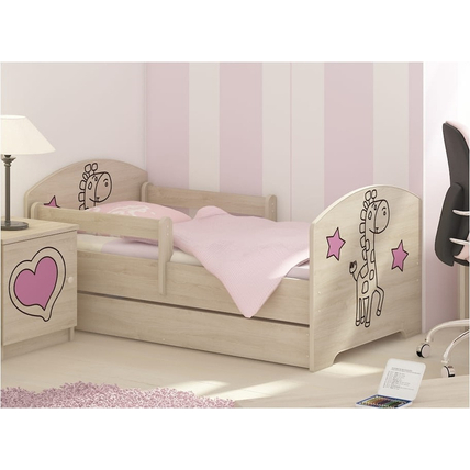 Ágyneműtartós gyerekágy ágyráccsal - Oskar - rózsaszín csillagos és zsiráfos
