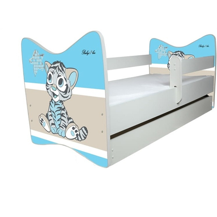 Ágyneműtartós gyerekágy ágyráccsal és matraccal - Junior Delux - kék-szürke tigrises