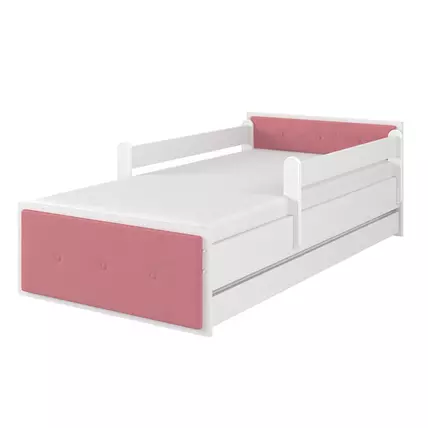 Ágyneműtartós gyerekágy ágyráccsal 90x200 cm - MAX - fehér-rózsaszín