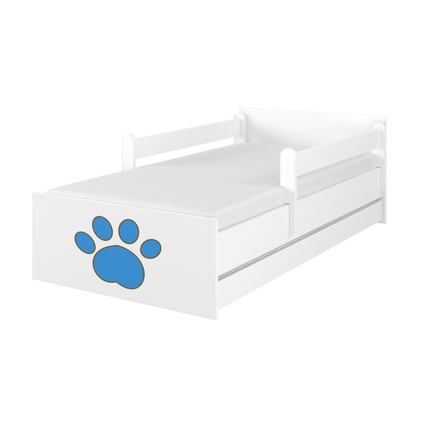 Ágyneműtartós gyerekágy ágyráccsal - MAX - fehér - kék kutyamancs