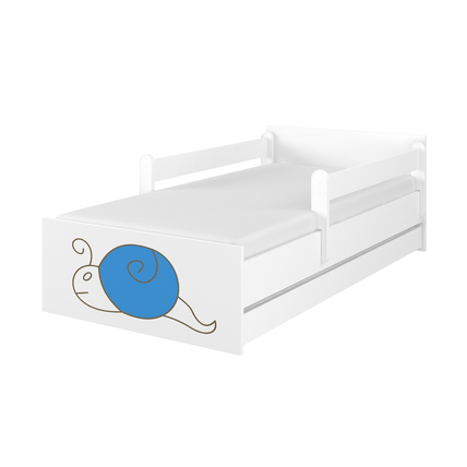 Ágyneműtartós gyerekágy ágyráccsal - MAX - fehér színben - kék csigás
