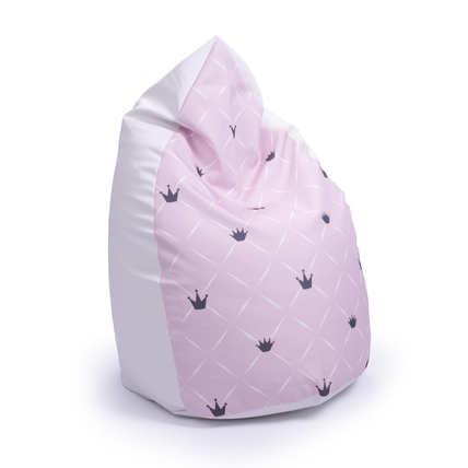 Csepp alakú babzsák puff gyerekeknek - fehér eco bőr rózsaszín koronás