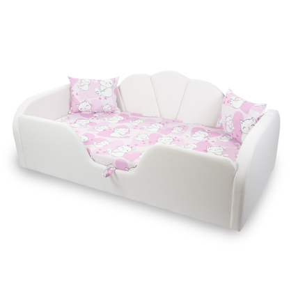 Prémium eco bőr keretes ágyneműtartós gyerekágy - fehér rózsaszín cicás