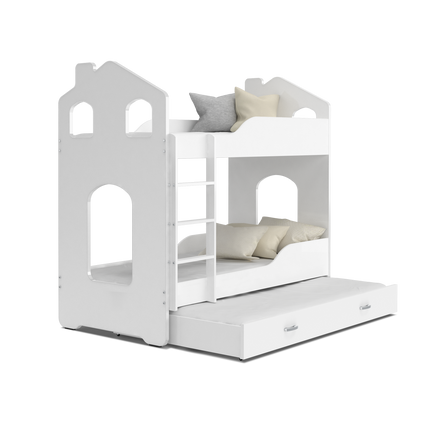 Házikó formájú emeletes gyerekágy pótággyal és ágyrácsokkal - fehér