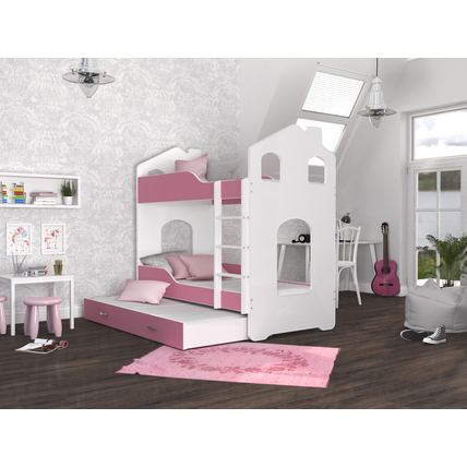 Házikó formájú emeletes gyerekágy pótággyal és ágyrácsokkal - fehér rózsaszín