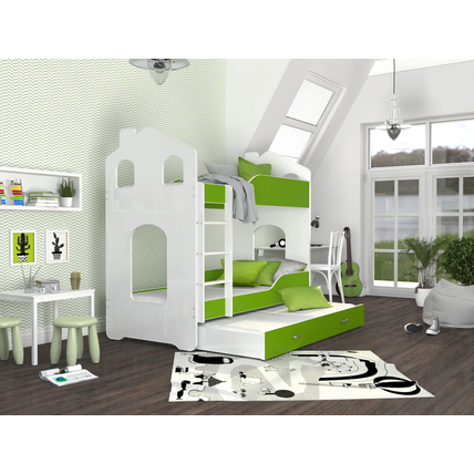 Házikó formájú emeletes gyerekágy pótággyal és ágyrácsokkal - fehér zöld