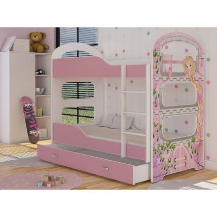 Dominik N emeletes ágyneműtartós gyerekágy ágyrácsokkal - rózsaszín hercegnő tornya