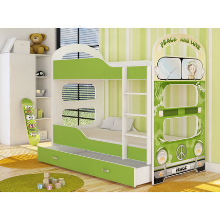 Dominik N emeletes ágyneműtartós gyerekágy ágyrácsokkal - zöld kisbusz