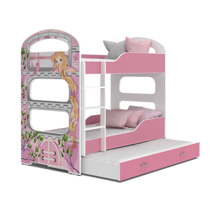 Dominik N emeletes pótágyas gyerekágy ágyrácsokkal - rózsaszín hercegnő torony