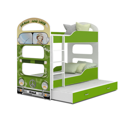 Dominik N emeletes pótágyas gyerekágy ágyrácsokkal - zöld kisbusz