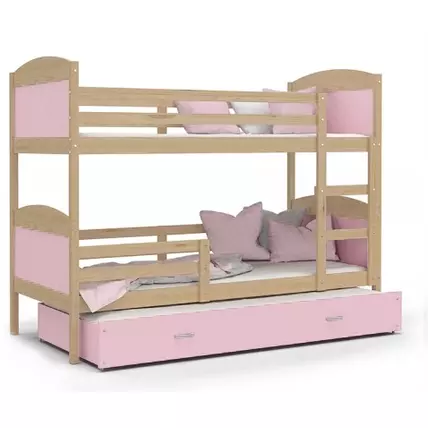 Pótágyas emeletes gyerekágy ágyrácsokkal 90x200 cm - Mateusz - fenyő rózsaszín