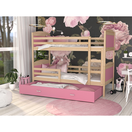 Emeletes ágyneműtartós gyerekágy ágyrácsokkal - Mateusz - fenyő rózsaszín