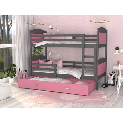 Emeletes ágyneműtartós gyerekágy ágyrácsokkal - Mateusz - szürke rózsaszín