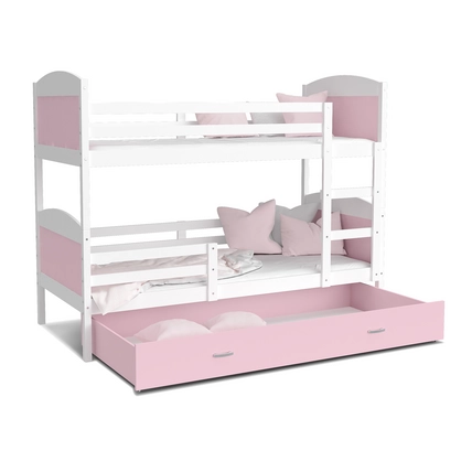 Emeletes ágyneműtartós gyerekágy ágyrácsokkal 90x200 cm - Mateusz - fehér rózsaszín