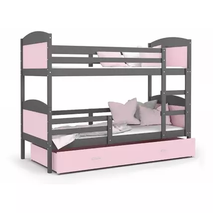 Emeletes ágyneműtartós gyerekágy ágyrácsokkal 90x200 cm - Mateusz - szürke rózsaszín