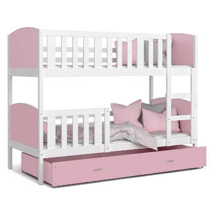 Ágyneműtartós emeletes gyerekágy - Tami - Fehér keret - rózsaszín támlákkal