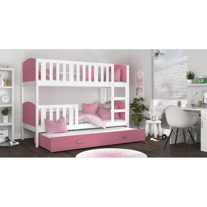 Pótágyas emeletes gyerekágy ágyrácsokkal - Tami - Fehér keret - rózsaszín támlákkal