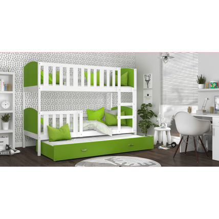 Pótágyas emeletes gyerekágy ágyrácsokkal - Tami - Fehér keret - zöld támlákkal