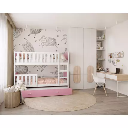 Pótágyas emeletes gyerekágy ágyrácsokkal - Tami - Fehér keret - rózsaszín támlákkal
