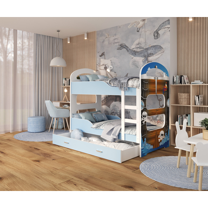 Dominik N emeletes ágyneműtartós gyerekágy ágyrácsokkal - kék kalózhajó