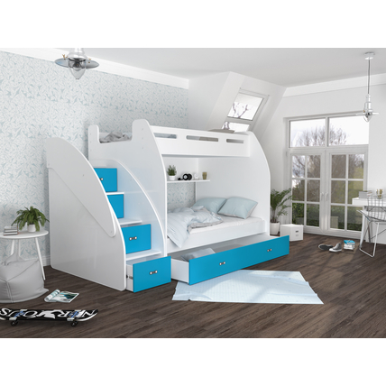 Zuzia emeletes gyerekágy praktikus tárolókkal és ágyneműtartóval - fehér kék
