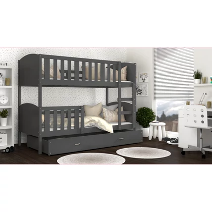 Ágyneműtartós emeletes gyerekágy - Tami - Szürke keret - szürke támlákkal