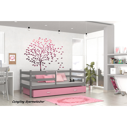Leesésgátlós ágyneműtartós gyerekágy ágyráccsal - Basic - szürke rózsaszín