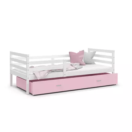 Leesésgátlós ágyneműtartós gyerekágy ágyráccsal 90x200 cm - Basic - fehér rózsaszín